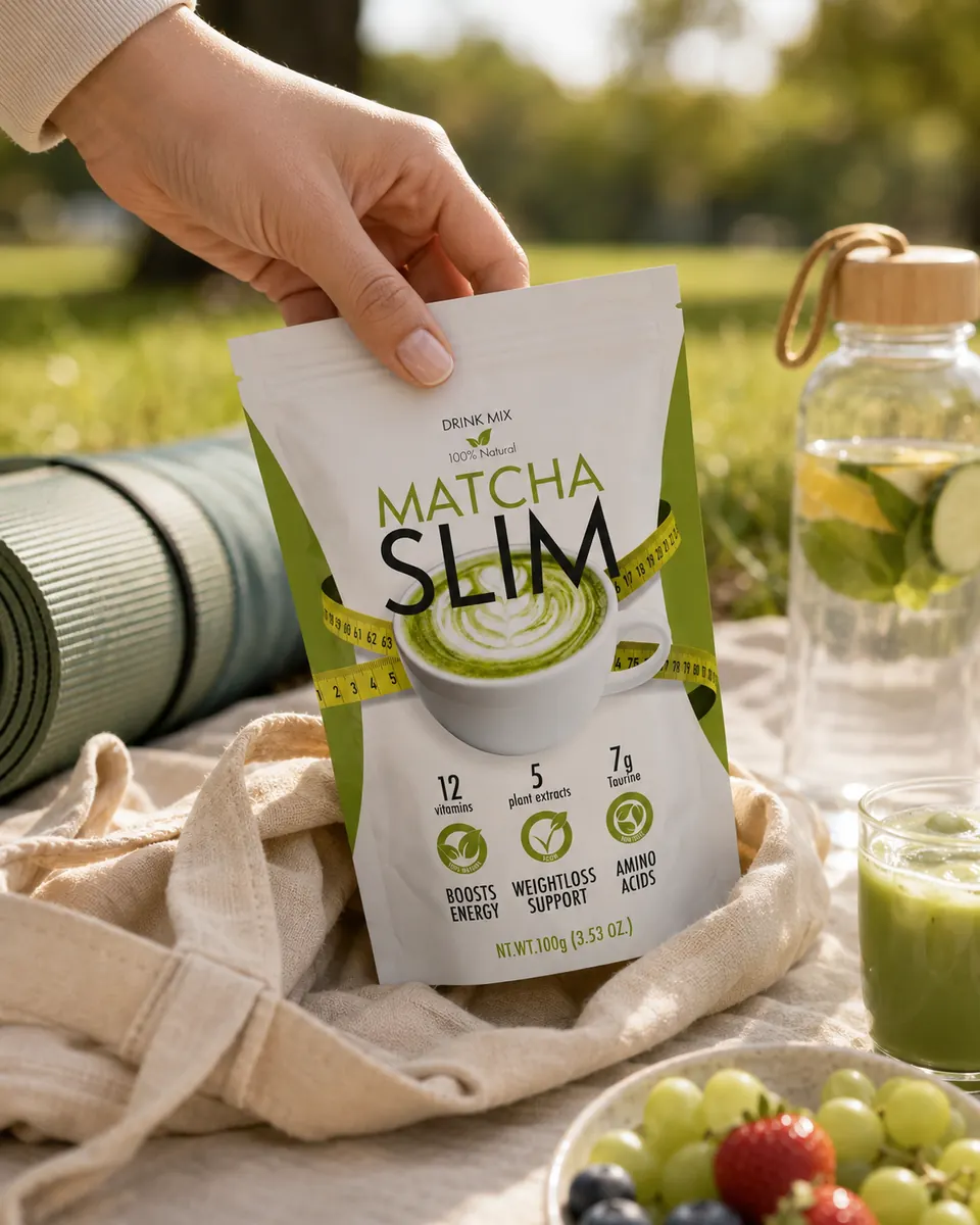 Pachet Matcha Slim la picnic, lângă o băutură și fructe