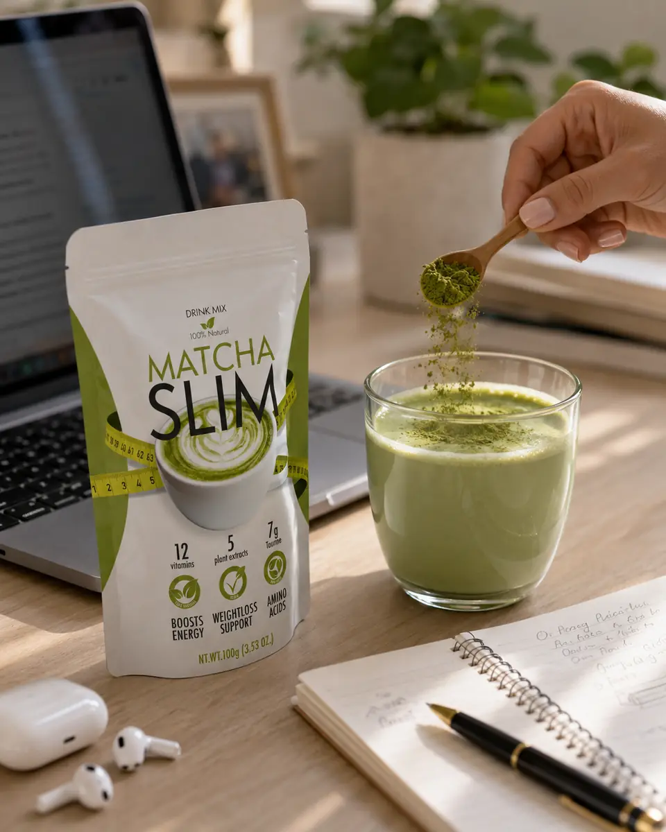Adăugarea pudrei Matcha Slim într-un pahar în timpul preparării